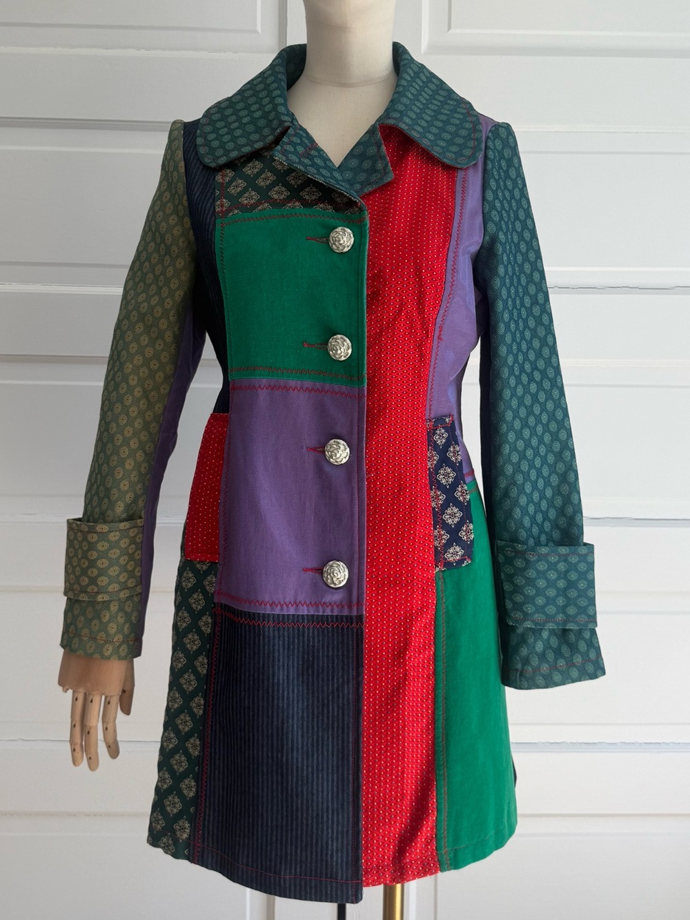 Boho Patchwork Statement Coat - Embroidered Floral Back - Artistic Tapestry